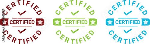 Assorted certified stamps in red green and blue with stars and check marks in various