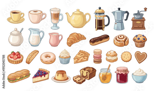 Collection of delicious pastries, coffee drinks, and breakfast items arranged neatly