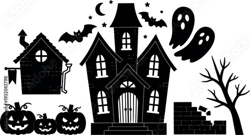 Flat design spooky haunted house close up with carved pumpkins flying bats two ghosts bare tree and broken wall night