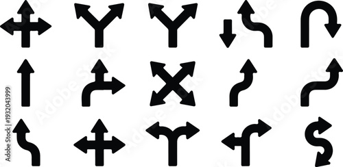 Vector arrow icons set featuring navigation, turn signs, intersections, and traffic movement indicators for maps, UI, and interface design
