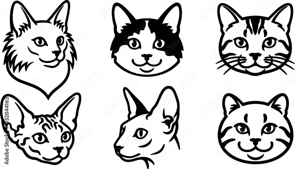 Fototapeta premium Minimal line art cat head set six icons close frontal and three quarter views cute vector flat design black white