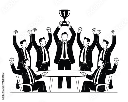 Team celebrates victory holding trophy.