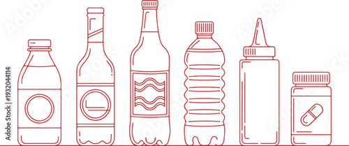 Outline beverage bottle icon set including juice, wine, beer, soda, sauce, and medicine containers for packaging design and product illustration