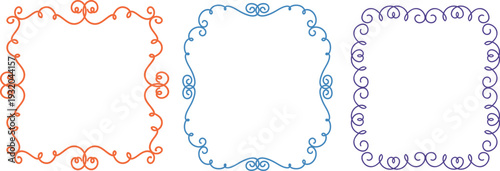 Set of three decorative antique style scroll border elements isolated on white background.