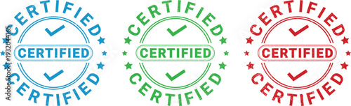 Three grunge certified circular stamps in blue green and red with stars and check marks