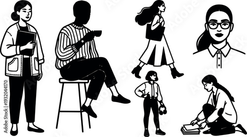 Minimalist line art vector set of women and girl figures in varied poses reading walking sitting drinking tea casual settings
