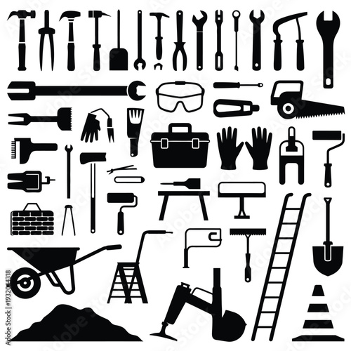 Set of black vector household and construction tools icons