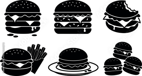 Flat design burger icon set showing multiple cheeseburger variations bitten burger fries stacked burgers and plated burger close up silhouette