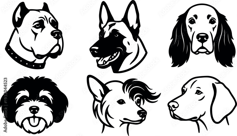 Obraz premium Line art vector dog head set six breed portraits black and white close up various expressions facing different angles detail