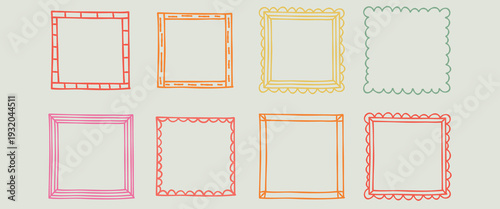 Set of eight cute hand drawn doodle square frames for decoration or text.