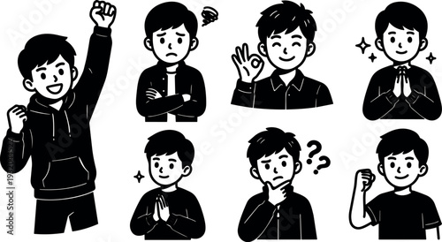 Minimalist line art character set boy with multiple expressions gestures front view close up emotive poses black and white vector