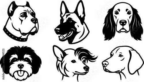 Line art vector dog head set six breed portraits black and white close up various expressions facing different angles detail