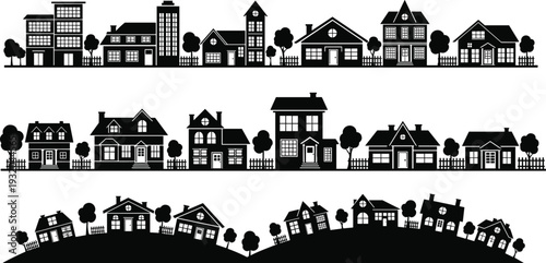 Residential building silhouettes vector illustration, houses apartments townhouses with trees fences shrubs, decorative black and white neighborhood landscape artwork design