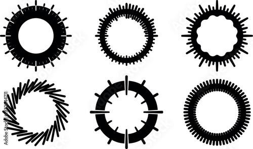 Flat design radial sunburst wreath icons six circular badge frames with varied spikes strokes bold silhouette for logo decoration