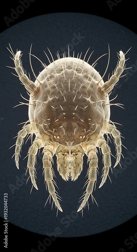 Close-up of a microscopic mite with detailed features and black background.