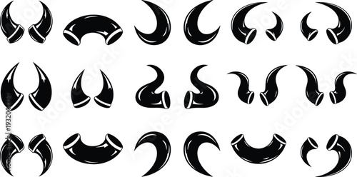Stylized horn silhouettes vector illustration, fantasy decorative design elements, animal horn artwork, black and white graphic shapes, ornamental character accessory decor