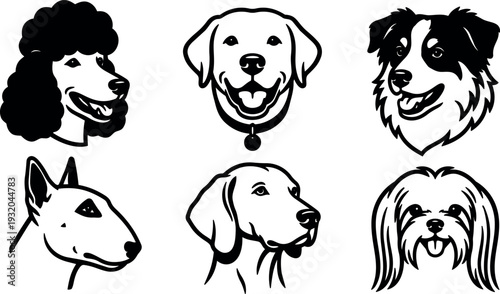 Line art dog head set six breed portraits front facing and three quarter view black and white vector icons collection