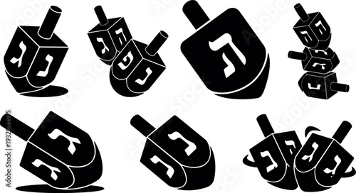 Flat design black silhouette dreidel set showing rotation stacking and close up icons for hanukkah festive decorations top view detail