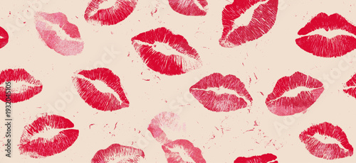 Red lipstick kiss marks covering a cream textured paper surface, creating a playful pattern. Red lipstick kiss marks seamless pattern on textured paper