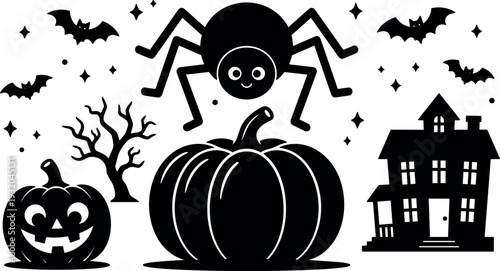 Flat design spooky halloween scene with smiling spider above two pumpkins jack o lantern bats haunted house barren tree night