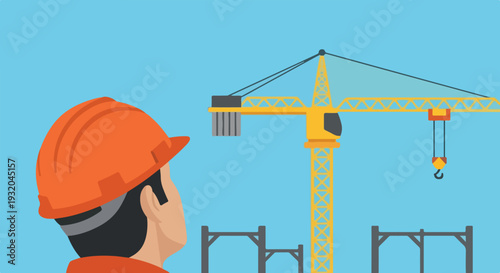 A construction worker in an orange hard hat looks up at a large yellow crane on a construction site against a clear blue sky.