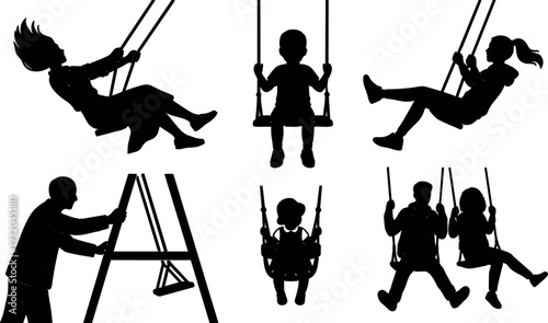 Vector silhouette side view adults and children swinging on playground swings pairs solo energetic motion playful composition high contrast scene