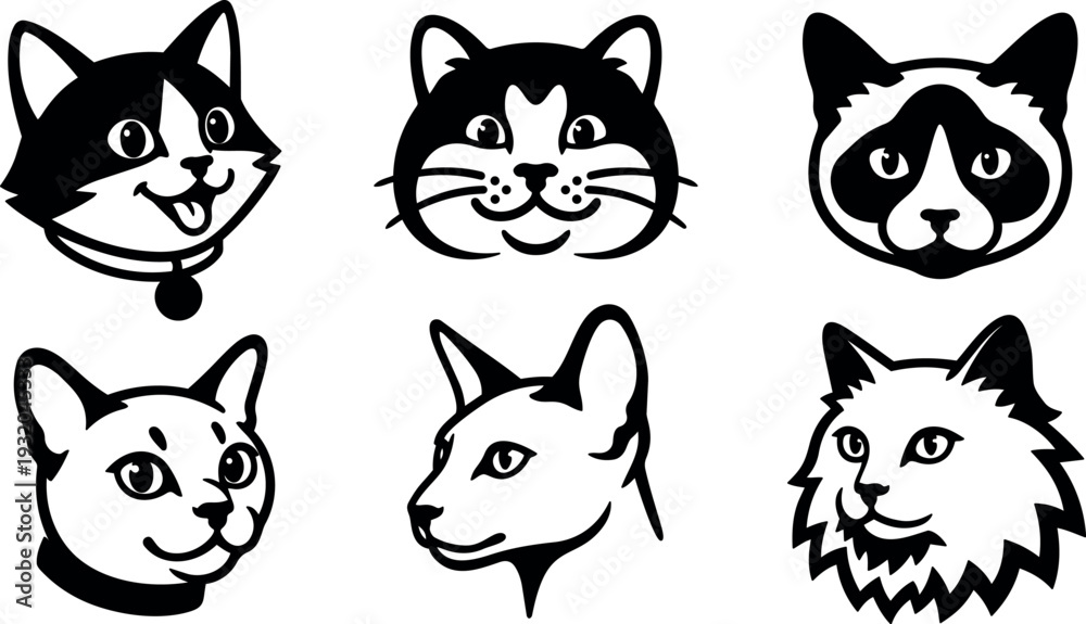 Obraz premium Line art cat head icon set six stylized feline faces front three quarter view playful expressions bold black and white