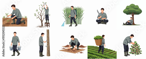 Flat Illustration Various Activities of Agriculture Farmer on Different Crops