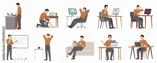 Flat Design Various Poses of Man Working from Home Illustration Set