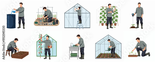 Detailed Illustration Sequence of Man Gardening and Working in Greenhouse