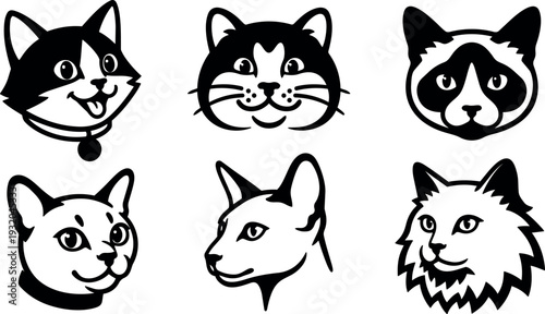Line art cat head icon set six stylized feline faces front three quarter view playful expressions bold black and white