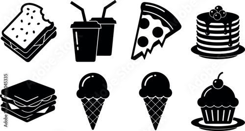 Flat design set of eight food icon silhouettes showing sandwich pizza drinks pancakes ice cream and cupcake close up bold