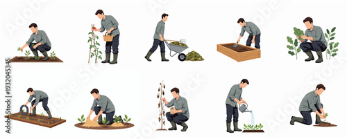 Detailed Flat Illustration of Gardening Activity and Man Doing Agricultural Tasks