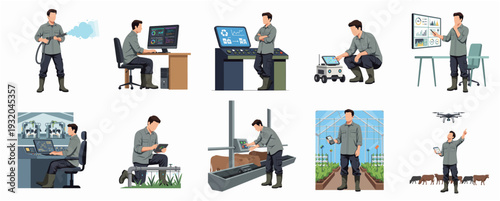 Flat Style Diverse Smart Farming Activity with Technologies and Man Character Illustration