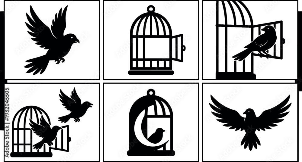 Fototapeta premium Flat design close up flying dove and open cage icons in multiple panels vector silhouette composition bold black contrast minimalist