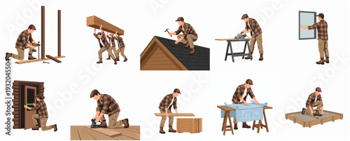 Detailed Cartoon Style Diverse Carpenter Construction and Building Activities Illustration