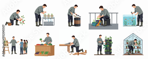 Set of Farmer Activities and Hobby, from Gardening to Carpentry Illustration
