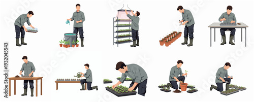 Detailed Flat Illustration of Man Doing Gardening and Planting Activities