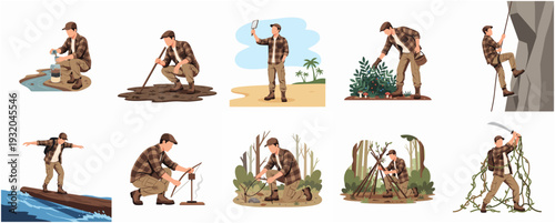 Detailed Illustration Bushcraft Survivalist in Camouflage Demonstrating Survival Techniques Set