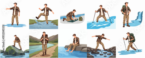Detailed Pixel Art of Man Hiking in Various Poses and Environments