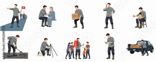Flat Illustration Showing Man Volunteer Doing Different Disaster Relief Activities Set