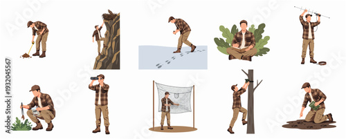 Flat Design Diverse Outdoorsman Lifestyle Illustration Set in Various Activities