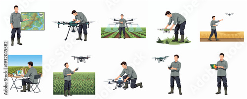 Diverse Farmer Character with Drone Use in Modern Agriculture Poses Set