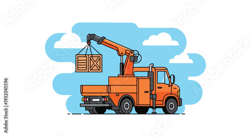 An orange flatbed truck with a hydraulic crane lifts a wooden crate against a stylized blue sky with white clouds, depicted in a modern vector illustration style.