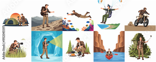 Detailed Pixelated Adventurer Characters Set in Various Outdoor Scenarios Illustration