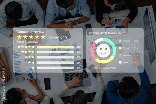 Bilde på lerret An overview of customer reviews showcasing star ratings and sentiment analysis, providing valuable insights for business assessments and strategies