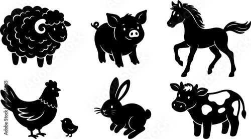 Flat design silhouette farm animal set six icons sheep pig horse hen chick rabbit cow simple black vector isolated playful