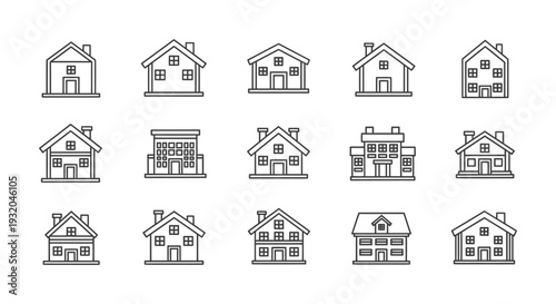 modern line art house and building icons set illustrating diverse residential and commercial architecture for real estate.