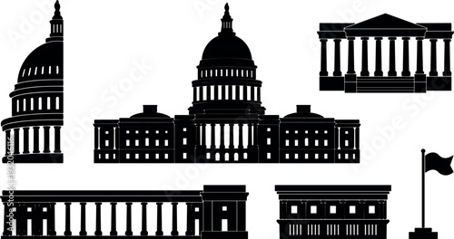 Flat silhouette vector of united states capitol dome and classical government buildings with flag pole low angle black monumental front