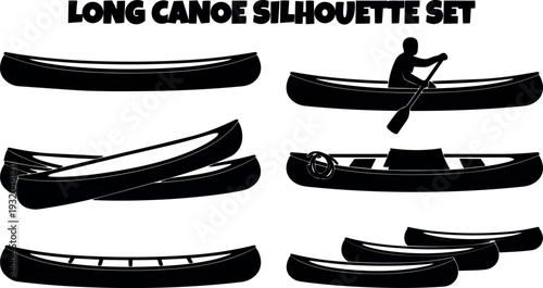 Flat design long canoe silhouette set with multiple angles single paddler low angle stacked canoes minimalist black vector art simple